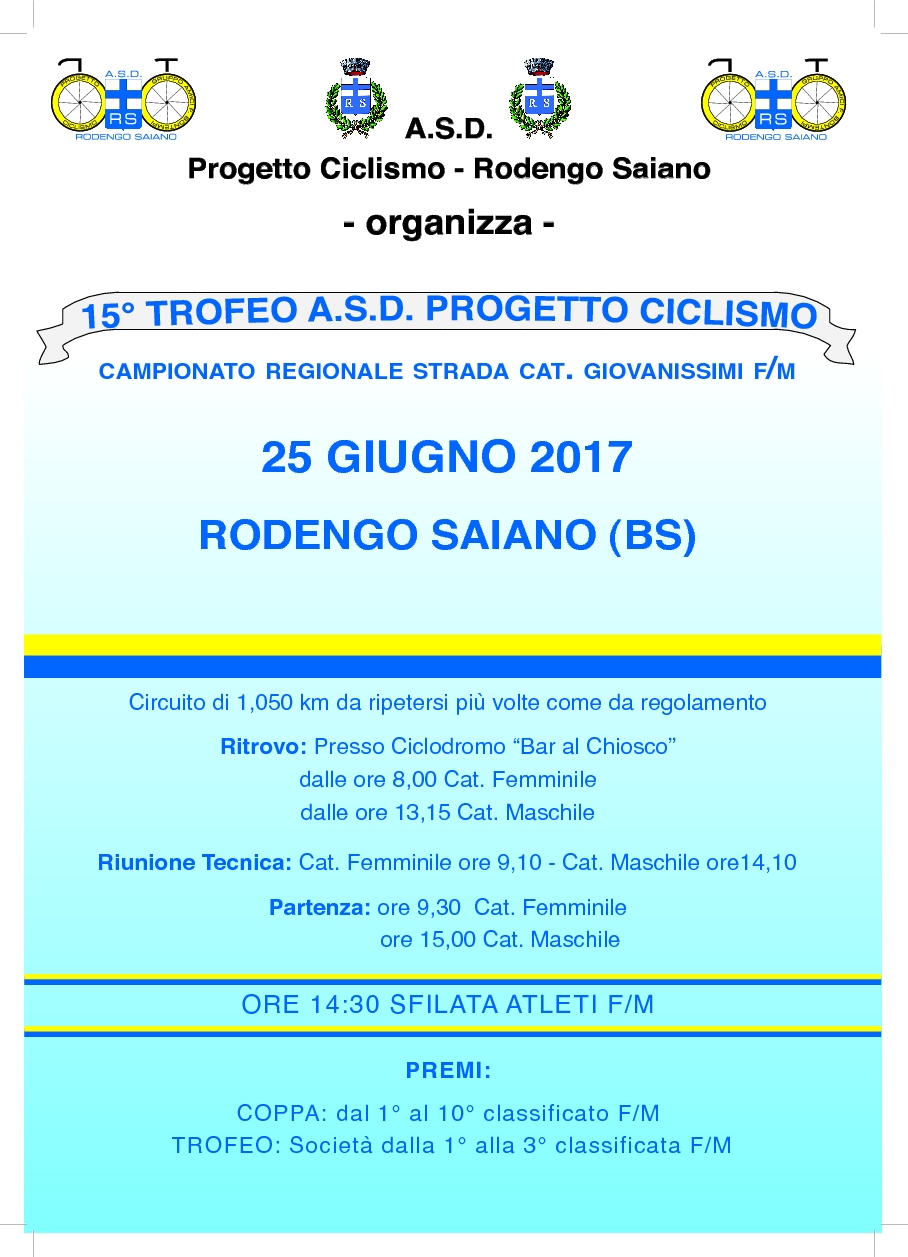 Domenica il Progetto Ciclismo - Rodengo Saiano organizza il Campionato Lombardo Giovanissimi